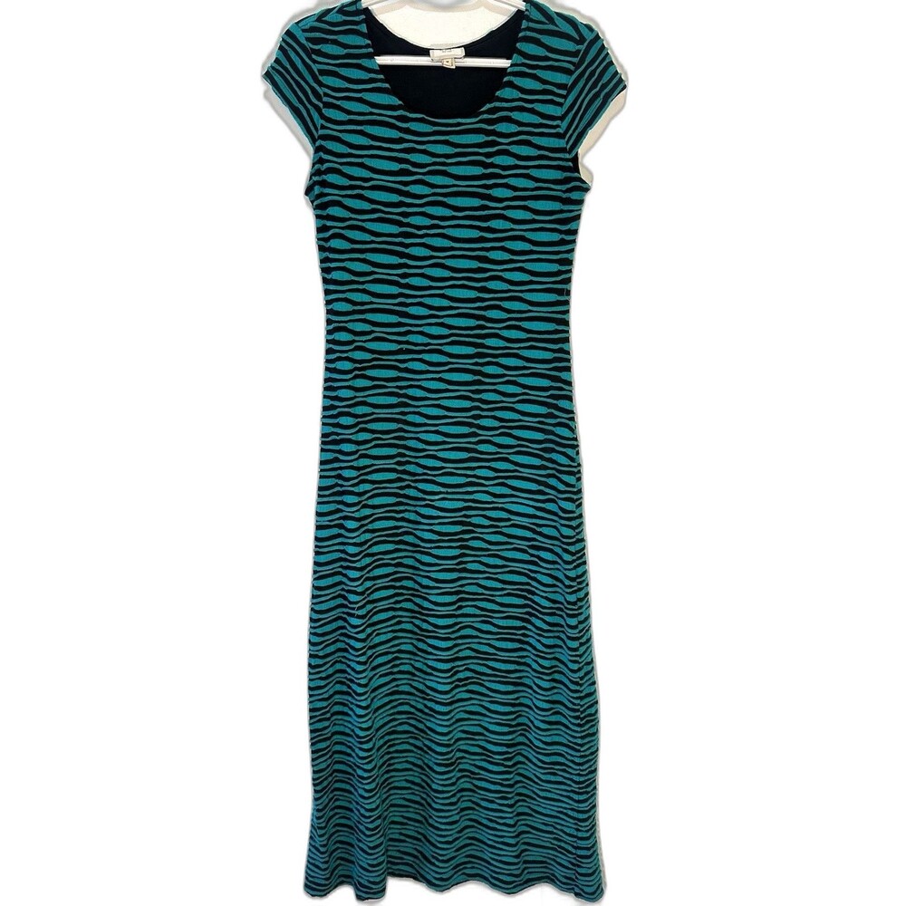 ECI New York Teal Black Stripe Stretch Dress Medium Cap Sleeve Maxi Lined